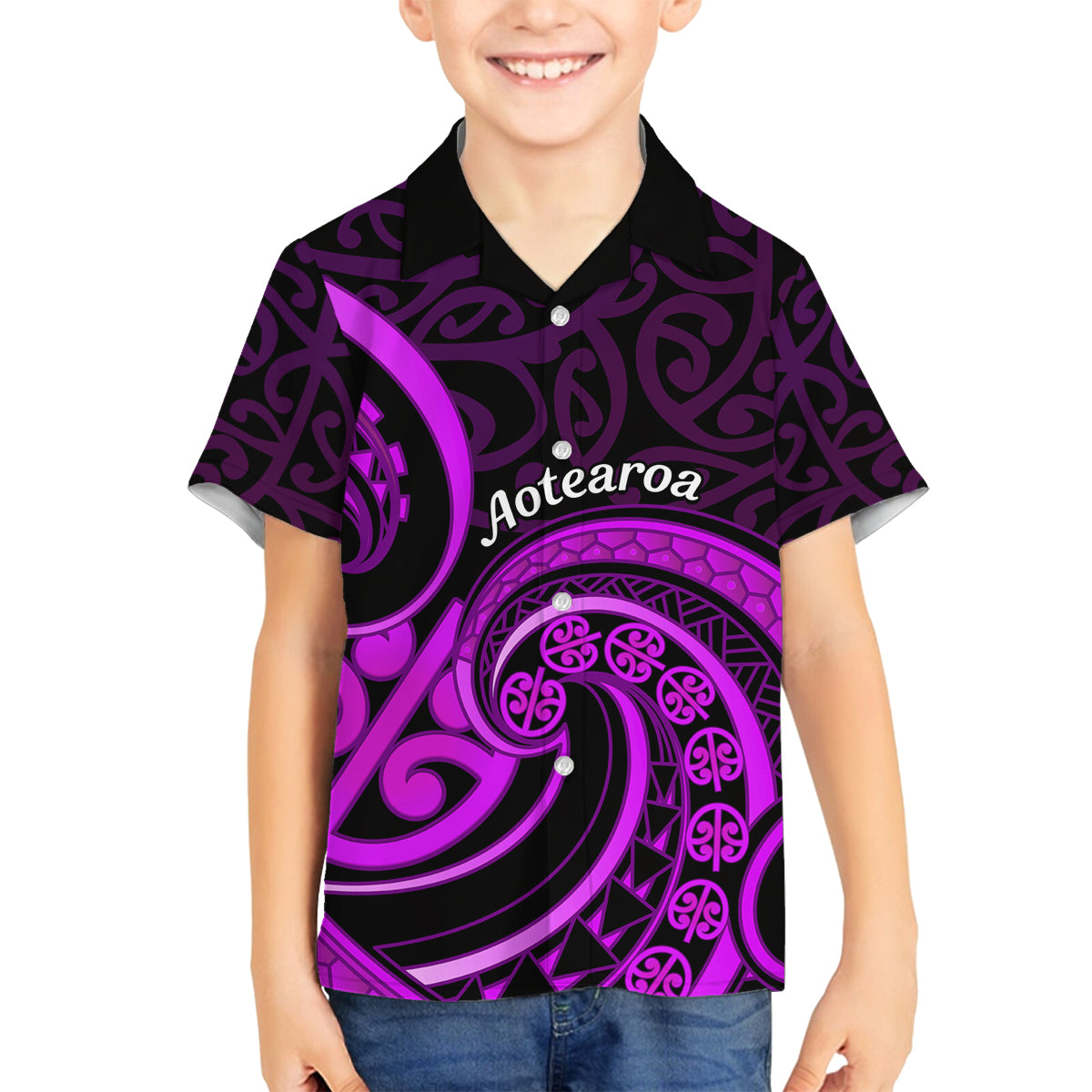 Purple Aotearoa Mangopare Family Matching Tank Maxi Dress and Hawaiian Shirt NZ Maori Koru Style LT14 Son's Shirt Purple - Polynesian Pride