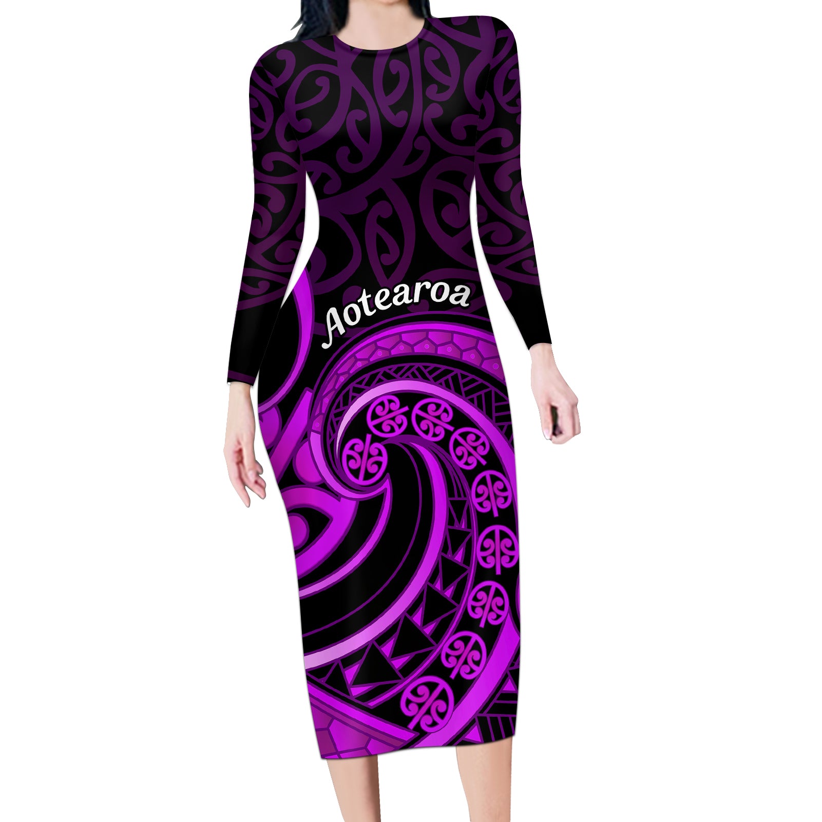 Purple Aotearoa Mangopare Long Sleeve Bodycon Dress NZ Maori Koru Style LT14 Long Dress Purple - Polynesian Pride