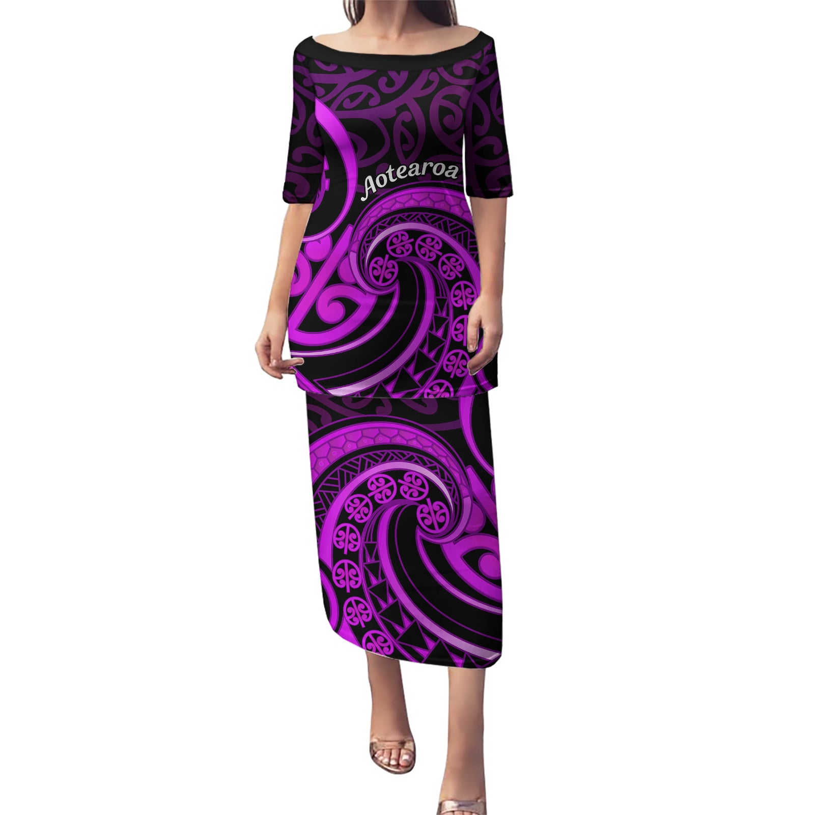 Purple Aotearoa Mangopare Puletasi NZ Maori Koru Style LT14 Long Dress Purple - Polynesian Pride