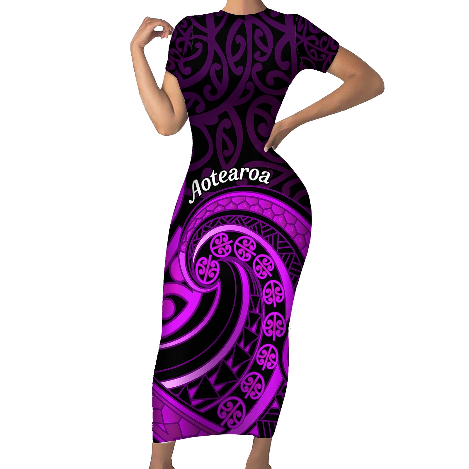 Purple Aotearoa Mangopare Short Sleeve Bodycon Dress NZ Maori Koru Style LT14 Long Dress Purple - Polynesian Pride