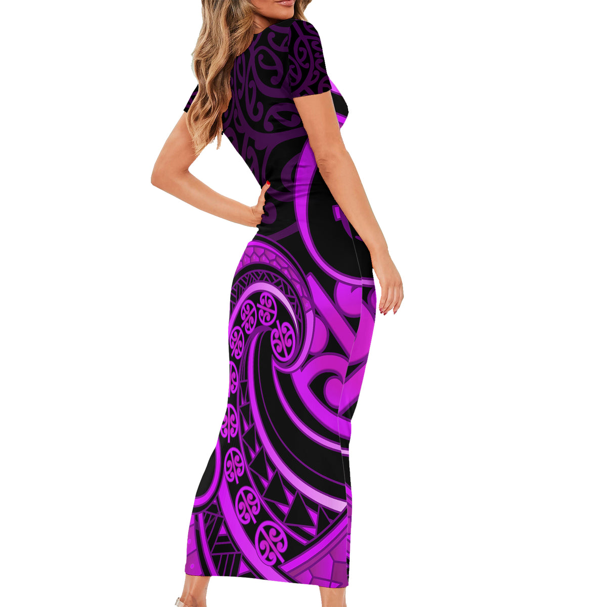 Purple Aotearoa Mangopare Short Sleeve Bodycon Dress NZ Maori Koru Style LT14 - Polynesian Pride