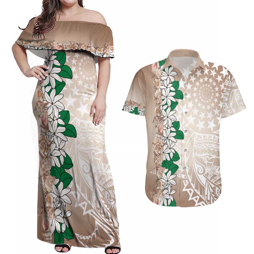 Cook Islands Tiare Maori With Conch Shell Couples Matching Off Shoulder Maxi Dress and Hawaiian Shirt 2025 Pasifika Polynesian Tattoo LT14 Brown - Polynesian Pride