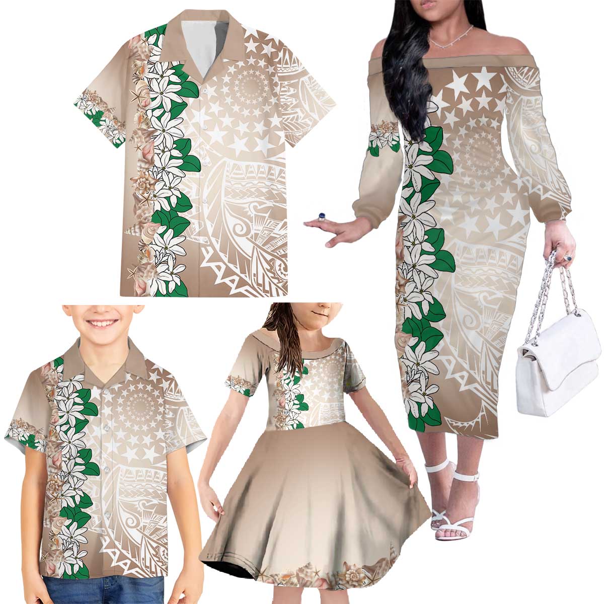 Cook Islands Tiare Maori With Conch Shell Family Matching Off The Shoulder Long Sleeve Dress and Hawaiian Shirt 2025 Pasifika Polynesian Tattoo