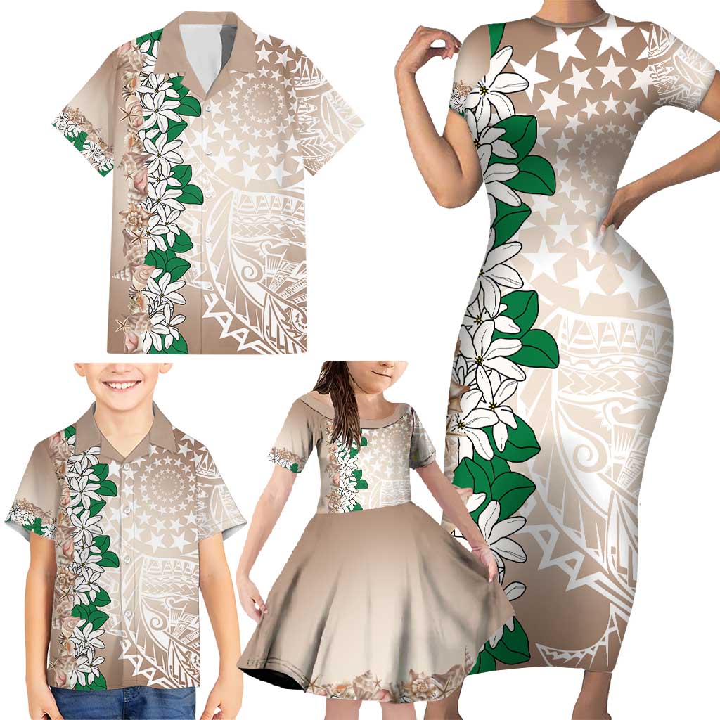 Cook Islands Tiare Maori With Conch Shell Family Matching Short Sleeve Bodycon Dress and Hawaiian Shirt 2025 Pasifika Polynesian Tattoo