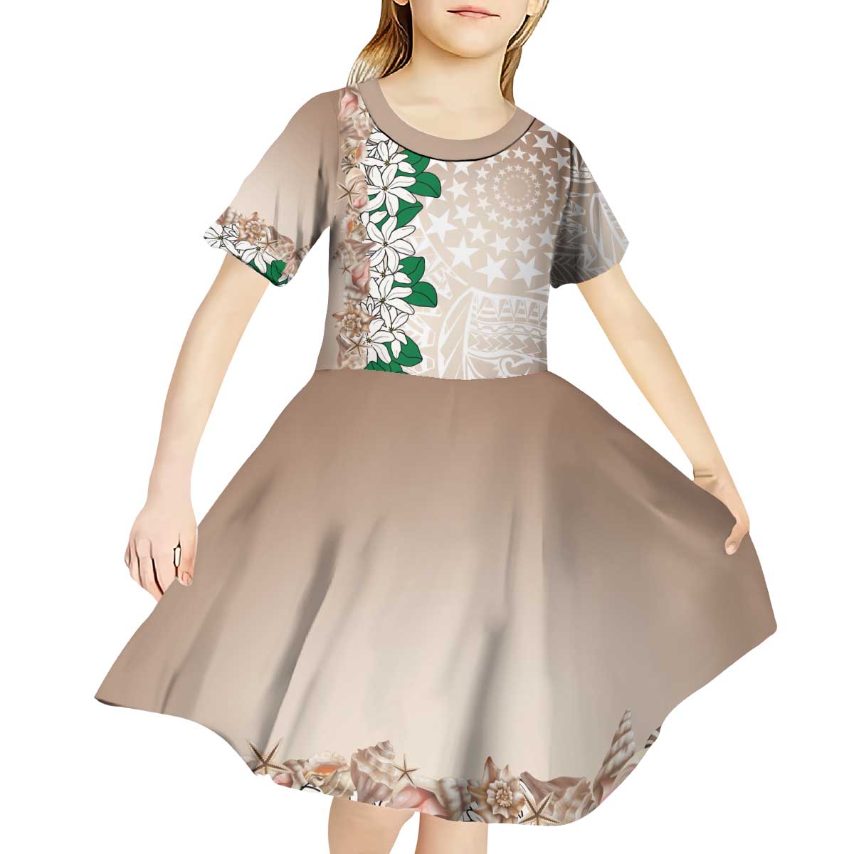 Cook Islands Tiare Maori With Conch Shell Kid Short Sleeve Dress 2025 Pasifika Polynesian Tattoo