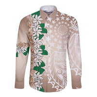Cook Islands Tiare Maori With Conch Shell Long Sleeve Button Shirt 2025 Pasifika Polynesian Tattoo LT14 Unisex Brown - Polynesian Pride