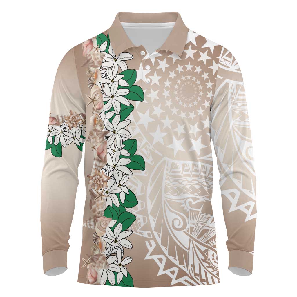 Cook Islands Tiare Maori With Conch Shell Long Sleeve Polo Shirt 2025 Pasifika Polynesian Tattoo