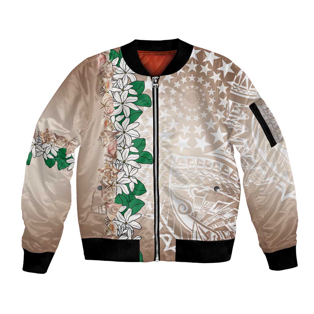 Cook Islands Tiare Maori With Conch Shell Sleeve Zip Bomber Jacket 2025 Pasifika Polynesian Tattoo
