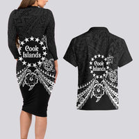 Kia Orana Cook Islands Couples Matching Long Sleeve Bodycon Dress and Hawaiian Shirt 2025 Pasifika Polynesian Turtle Black Color