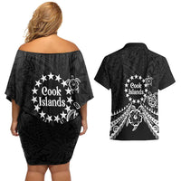 Kia Orana Cook Islands Couples Matching Off Shoulder Short Dress and Hawaiian Shirt 2025 Pasifika Polynesian Turtle Black Color