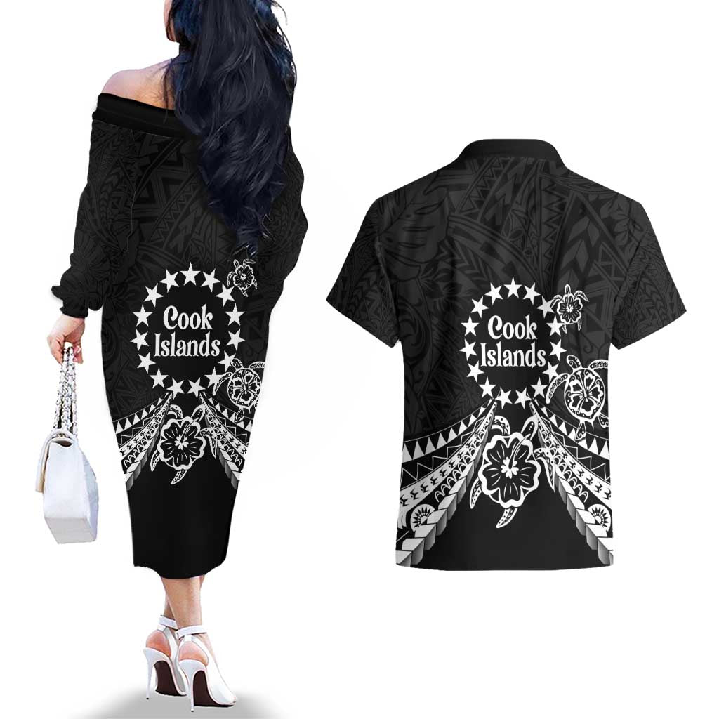 Kia Orana Cook Islands Couples Matching Off The Shoulder Long Sleeve Dress and Hawaiian Shirt 2025 Pasifika Polynesian Turtle Black Color