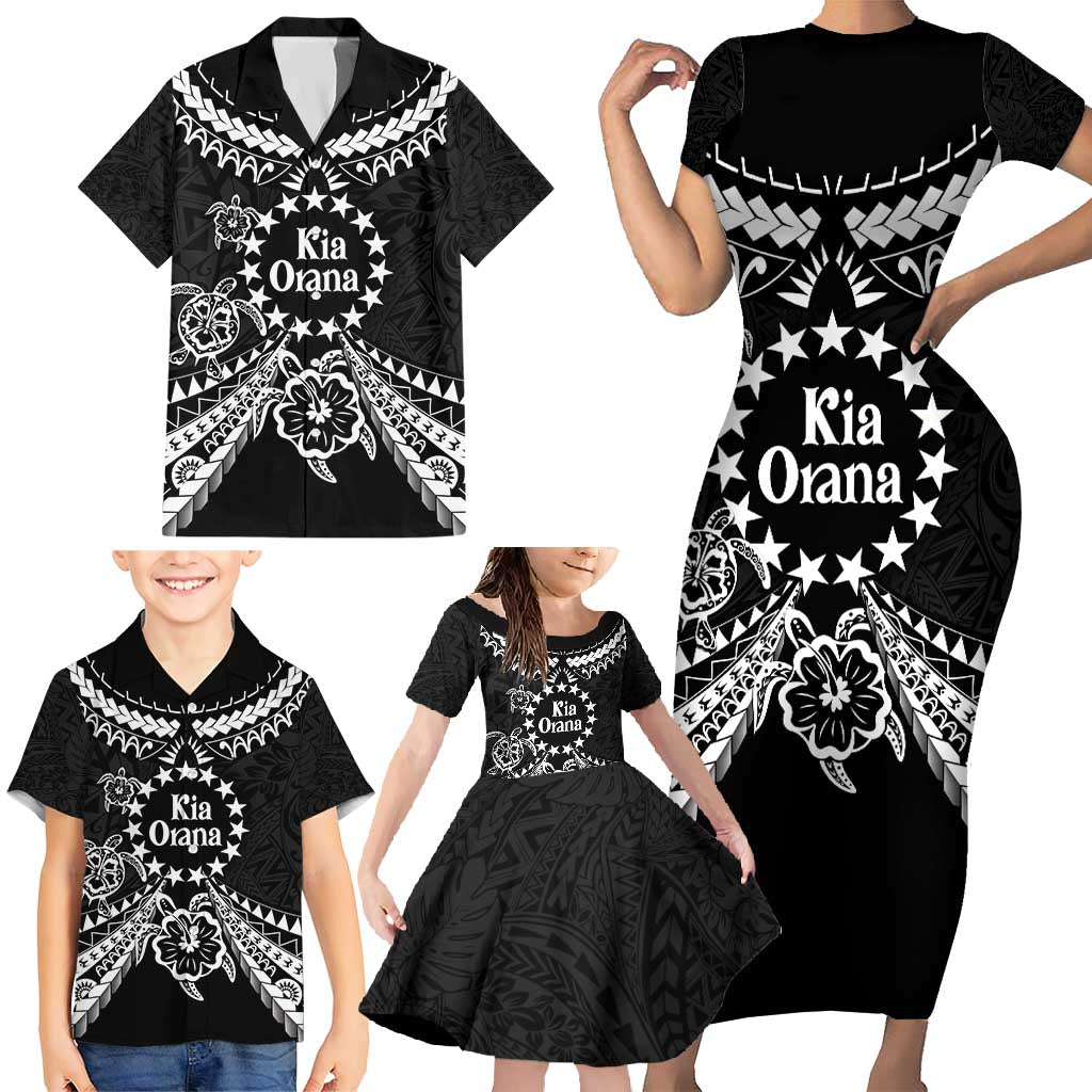 Kia Orana Cook Islands Family Matching Short Sleeve Bodycon Dress and Hawaiian Shirt 2025 Pasifika Polynesian Turtle Black Color