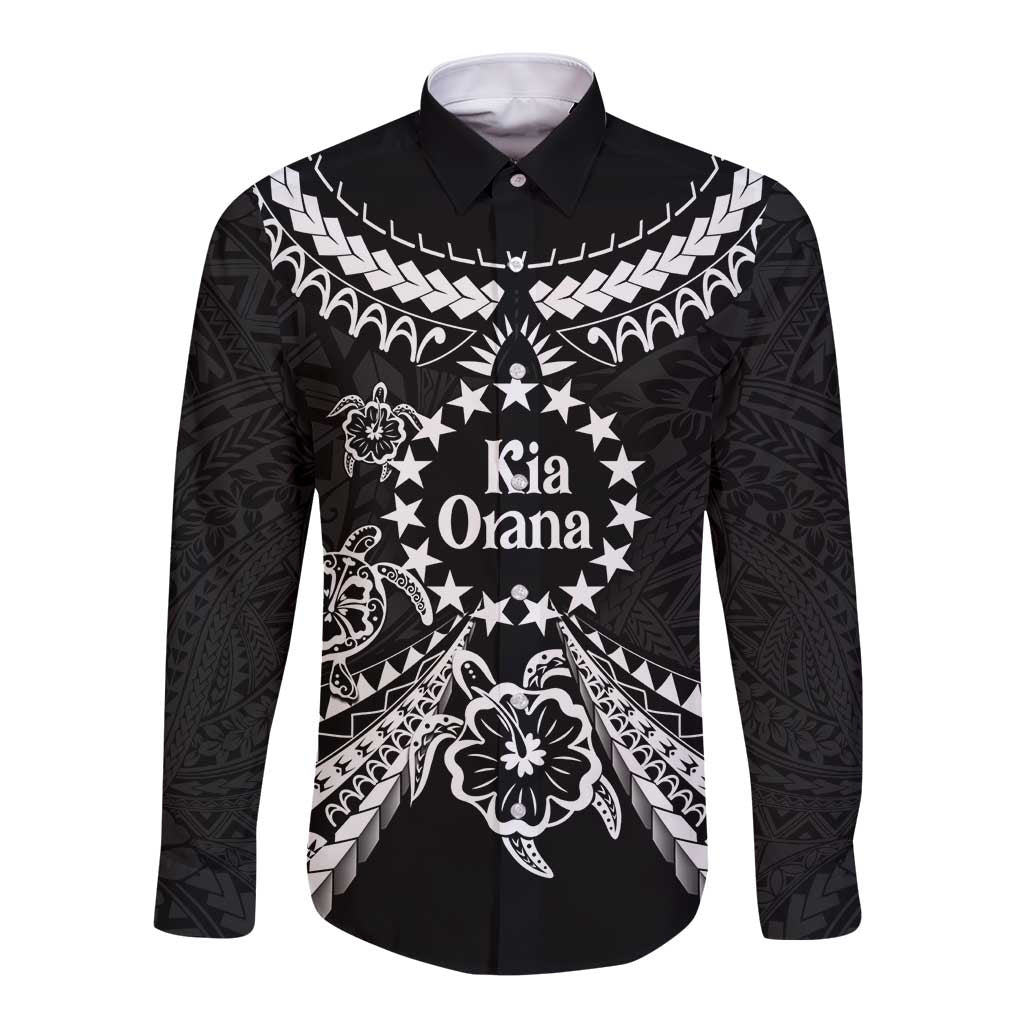 Kia Orana Cook Islands Long Sleeve Button Shirt 2025 Pasifika Polynesian Turtle Black Color LT14 Unisex Black - Polynesian Pride