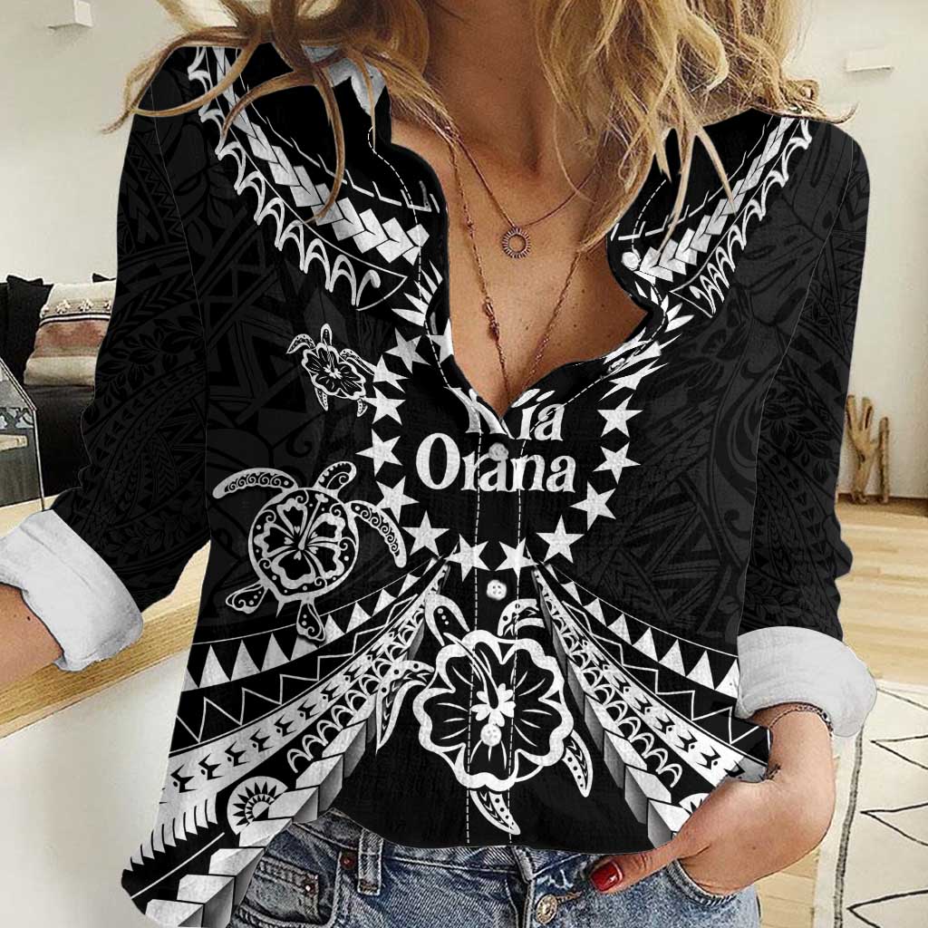 Kia Orana Cook Islands Women Casual Shirt 2025 Pasifika Polynesian Turtle Black Color