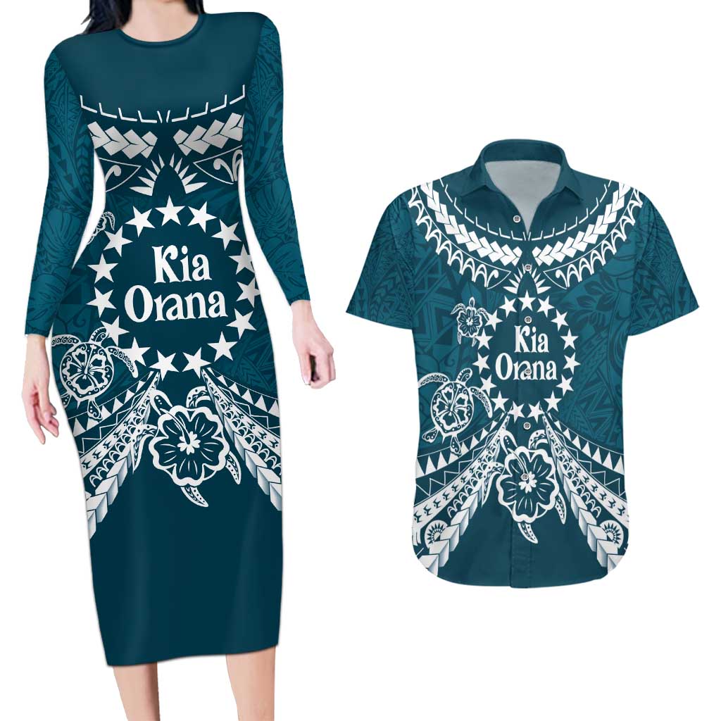 Kia Orana Cook Islands Couples Matching Long Sleeve Bodycon Dress and Hawaiian Shirt Polynesian Turtle Crowberry Blue Color LT14 Crowberry Blue - Polynesian Pride