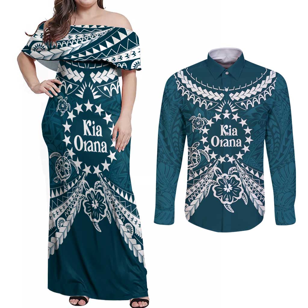 Kia Orana Cook Islands Couples Matching Off Shoulder Maxi Dress and Long Sleeve Button Shirt Polynesian Turtle Crowberry Blue Color LT14 Crowberry Blue - Polynesian Pride