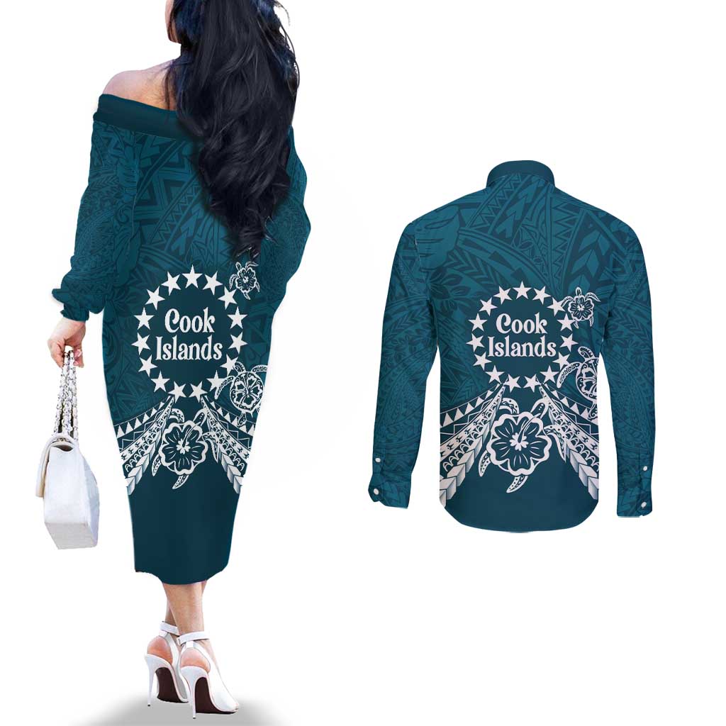 Kia Orana Cook Islands Couples Matching Off The Shoulder Long Sleeve Dress and Long Sleeve Button Shirt Polynesian Turtle Crowberry Blue Color