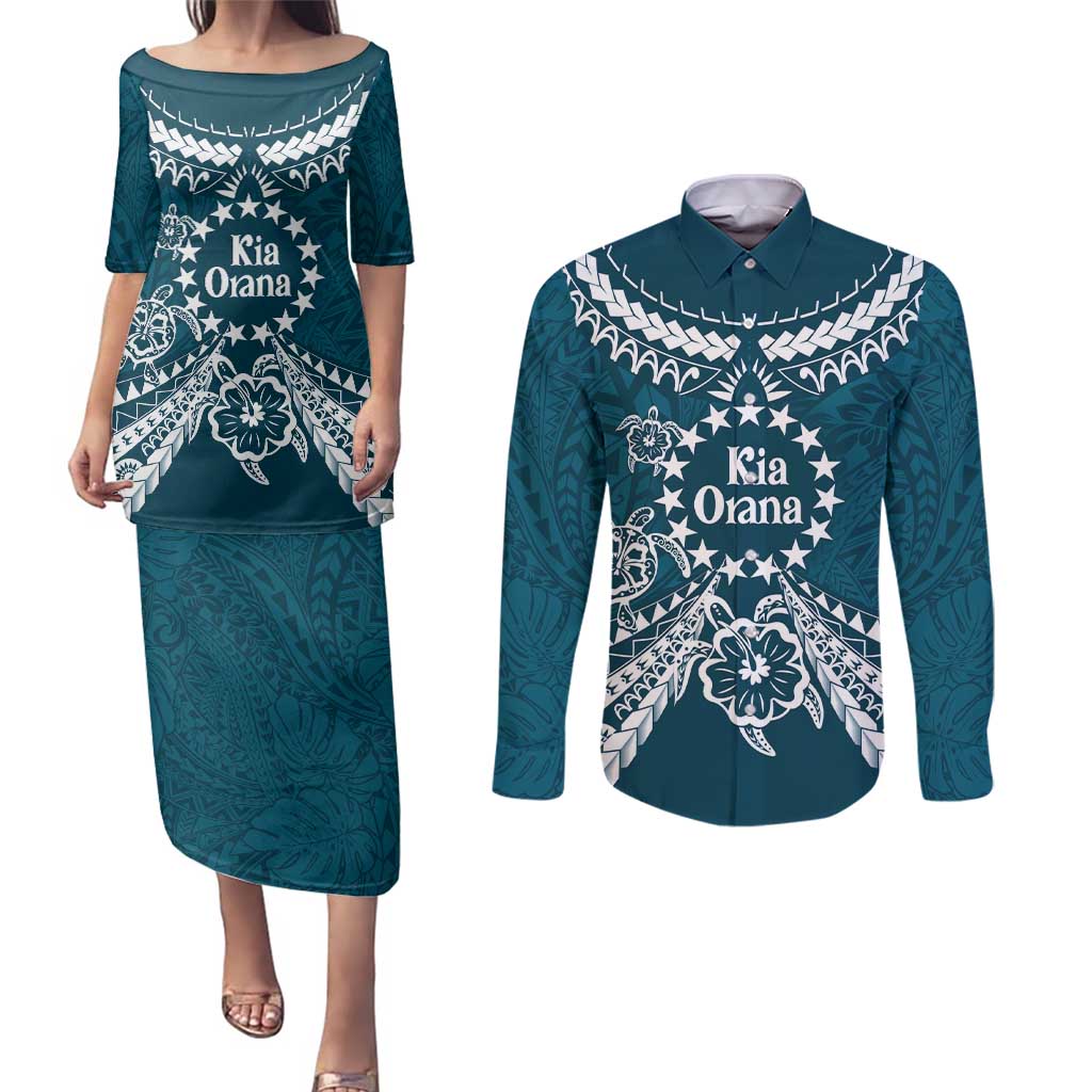 Kia Orana Cook Islands Couples Matching Puletasi and Long Sleeve Button Shirt Polynesian Turtle Crowberry Blue Color LT14 Crowberry Blue - Polynesian Pride