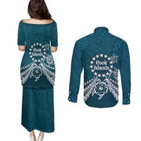 Kia Orana Cook Islands Couples Matching Puletasi and Long Sleeve Button Shirt Polynesian Turtle Crowberry Blue Color LT14 - Polynesian Pride