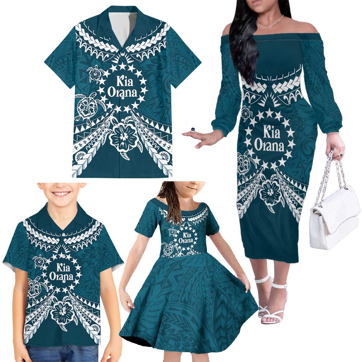 Kia Orana Cook Islands Family Matching Off The Shoulder Long Sleeve Dress and Hawaiian Shirt Polynesian Turtle Crowberry Blue Color