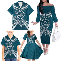 Kia Orana Cook Islands Family Matching Off The Shoulder Long Sleeve Dress and Hawaiian Shirt Polynesian Turtle Crowberry Blue Color