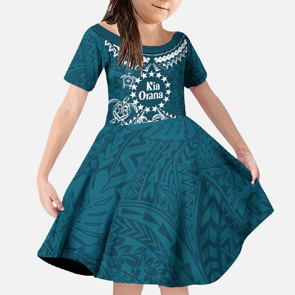 Kia Orana Cook Islands Family Matching Off Shoulder Maxi Dress and Hawaiian Shirt Polynesian Turtle Crowberry Blue Color