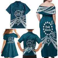 Kia Orana Cook Islands Family Matching Off Shoulder Maxi Dress and Hawaiian Shirt Polynesian Turtle Crowberry Blue Color
