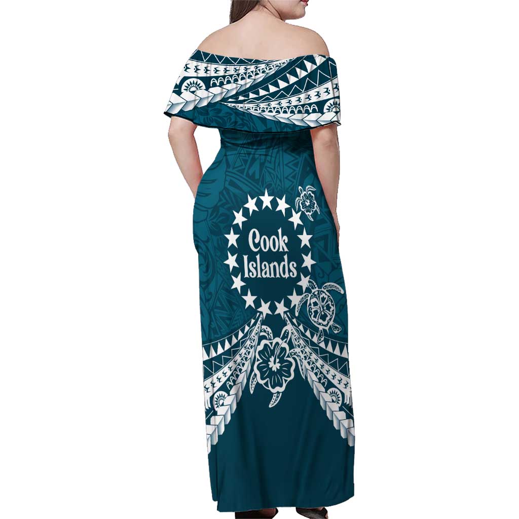 Kia Orana Cook Islands Family Matching Off Shoulder Maxi Dress and Hawaiian Shirt Polynesian Turtle Crowberry Blue Color