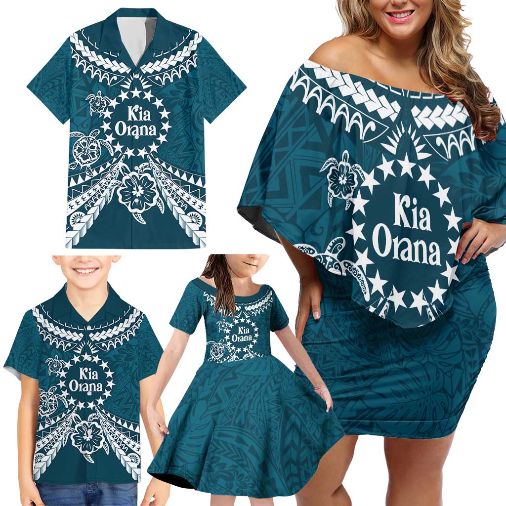 Kia Orana Cook Islands Family Matching Off Shoulder Short Dress and Hawaiian Shirt Polynesian Turtle Crowberry Blue Color