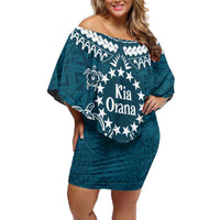 Kia Orana Cook Islands Family Matching Off Shoulder Short Dress and Hawaiian Shirt Polynesian Turtle Crowberry Blue Color