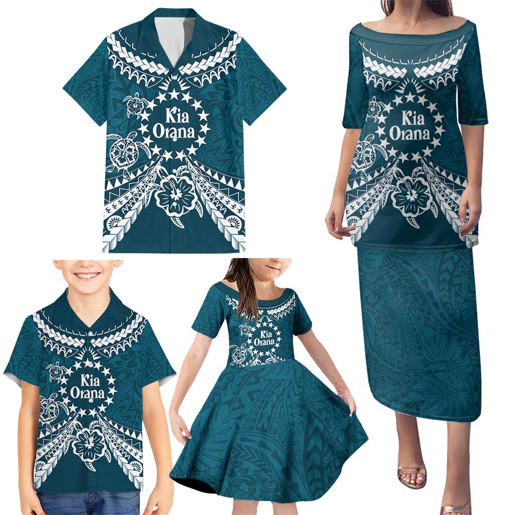 Kia Orana Cook Islands Family Matching Puletasi and Hawaiian Shirt Polynesian Turtle Crowberry Blue Color