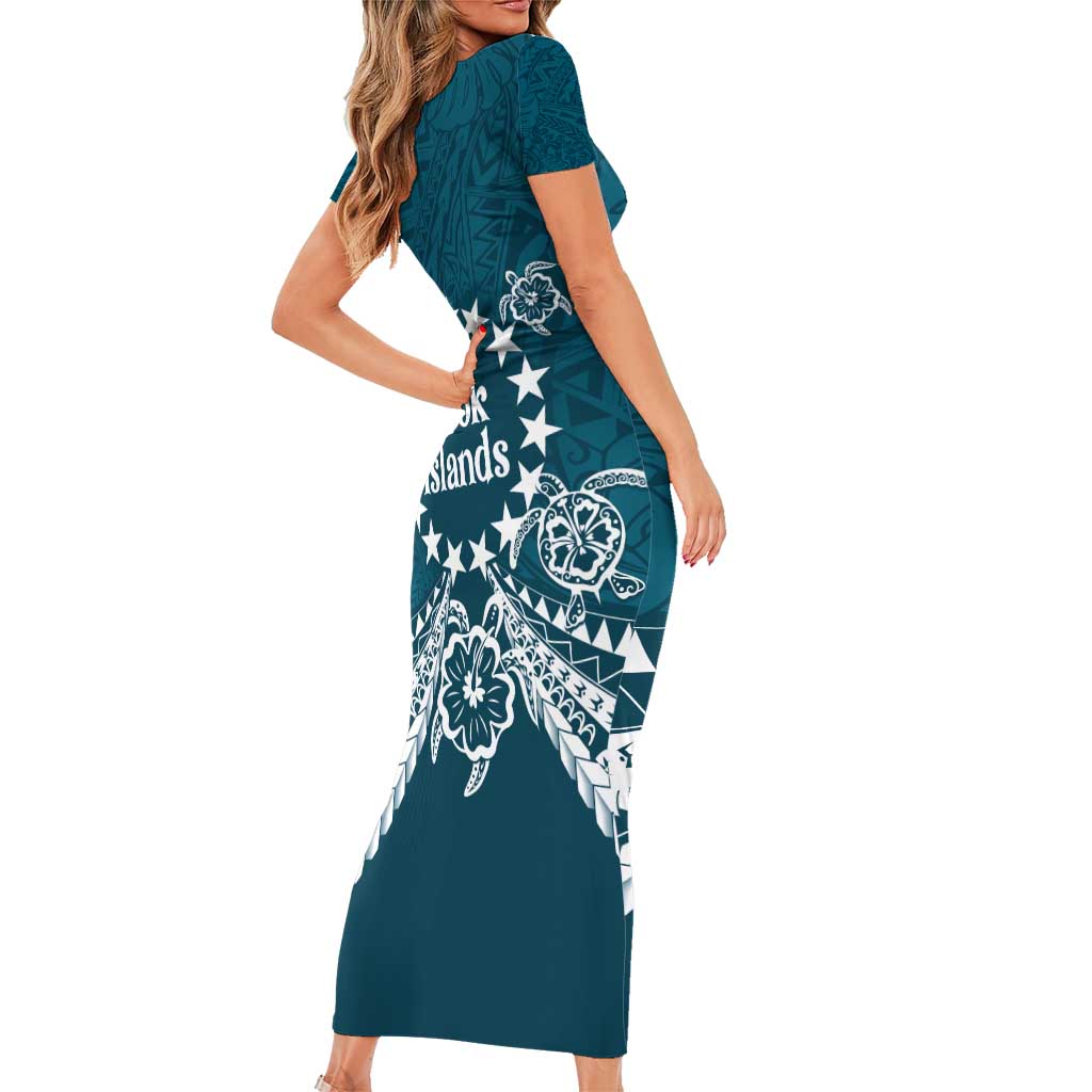 Kia Orana Cook Islands Family Matching Short Sleeve Bodycon Dress and Hawaiian Shirt Polynesian Turtle Crowberry Blue Color