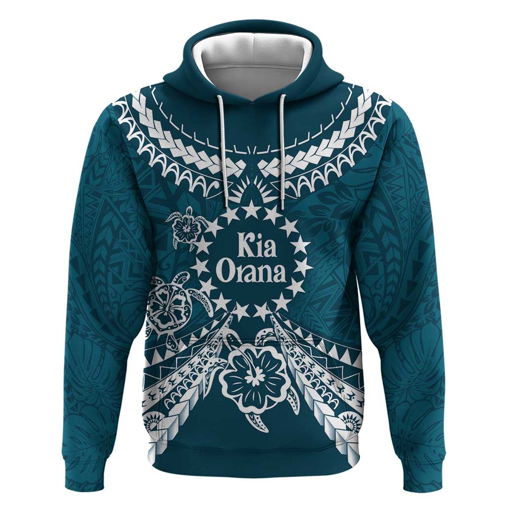 Kia Orana Cook Islands Hoodie Polynesian Turtle Crowberry Blue Color