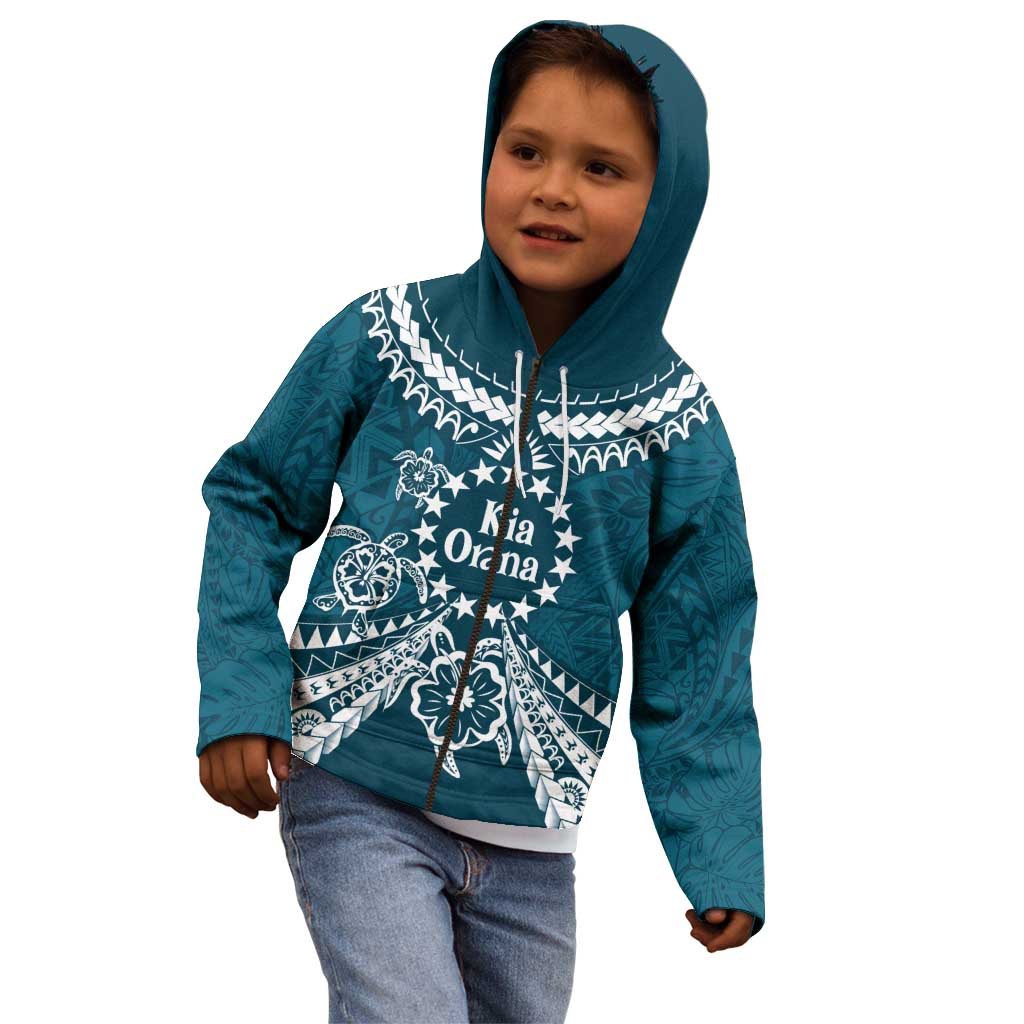 Kia Orana Cook Islands Kid Hoodie Polynesian Turtle Crowberry Blue Color