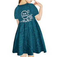 Kia Orana Cook Islands Kid Short Sleeve Dress Polynesian Turtle Crowberry Blue Color