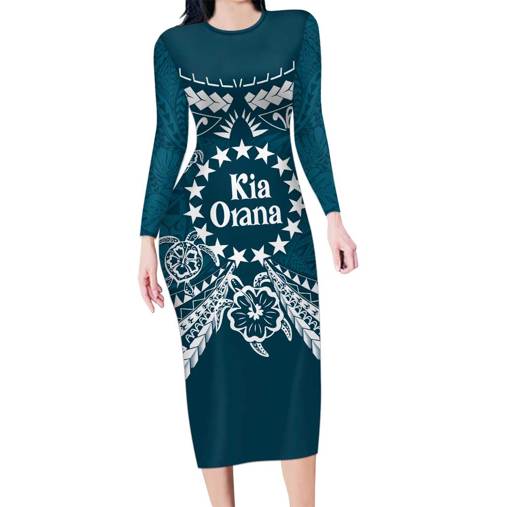 Kia Orana Cook Islands Long Sleeve Bodycon Dress Polynesian Turtle Crowberry Blue Color