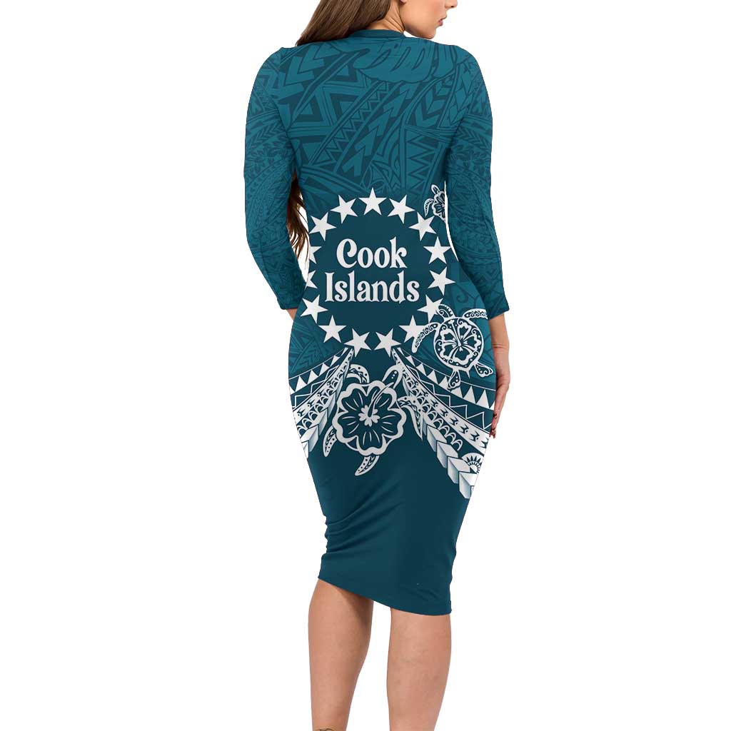 Kia Orana Cook Islands Long Sleeve Bodycon Dress Polynesian Turtle Crowberry Blue Color LT14 - Polynesian Pride
