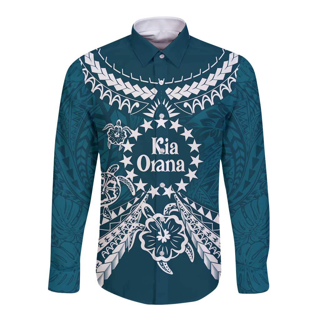 Kia Orana Cook Islands Long Sleeve Button Shirt Polynesian Turtle Crowberry Blue Color LT14 Unisex Crowberry Blue - Polynesian Pride