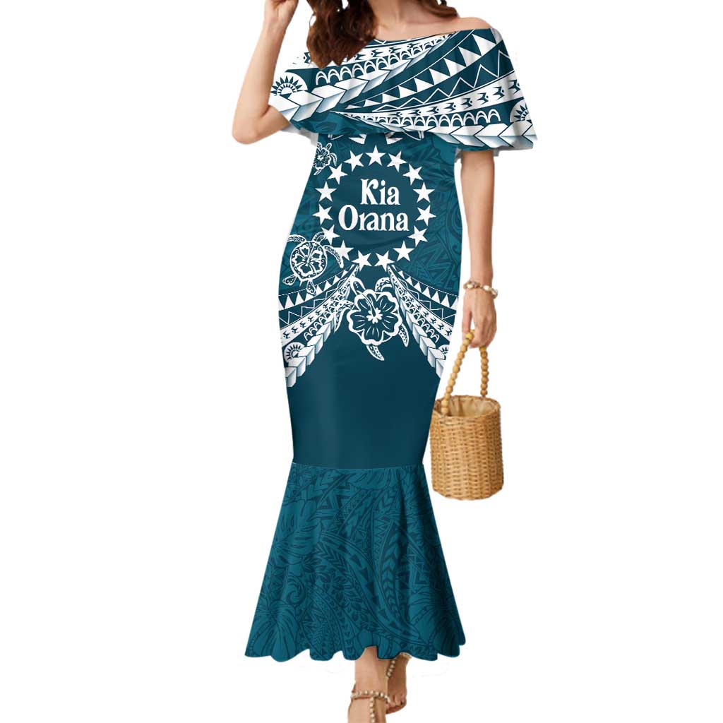 Kia Orana Cook Islands Mermaid Dress Polynesian Turtle Crowberry Blue Color