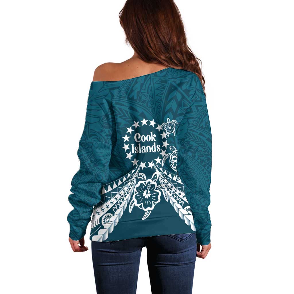 Kia Orana Cook Islands Off Shoulder Sweater Polynesian Turtle Crowberry Blue Color