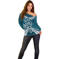Kia Orana Cook Islands Off Shoulder Sweater Polynesian Turtle Crowberry Blue Color