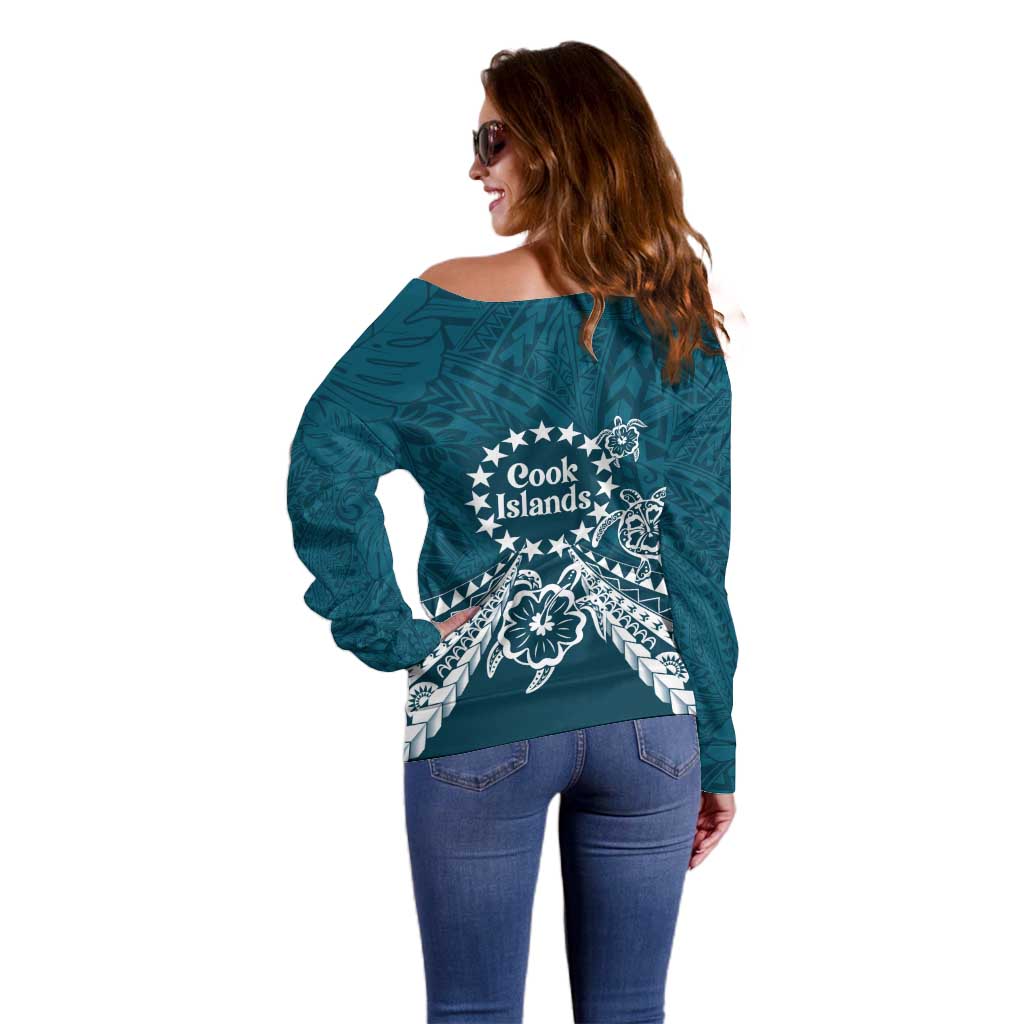 Kia Orana Cook Islands Off Shoulder Sweater Polynesian Turtle Crowberry Blue Color