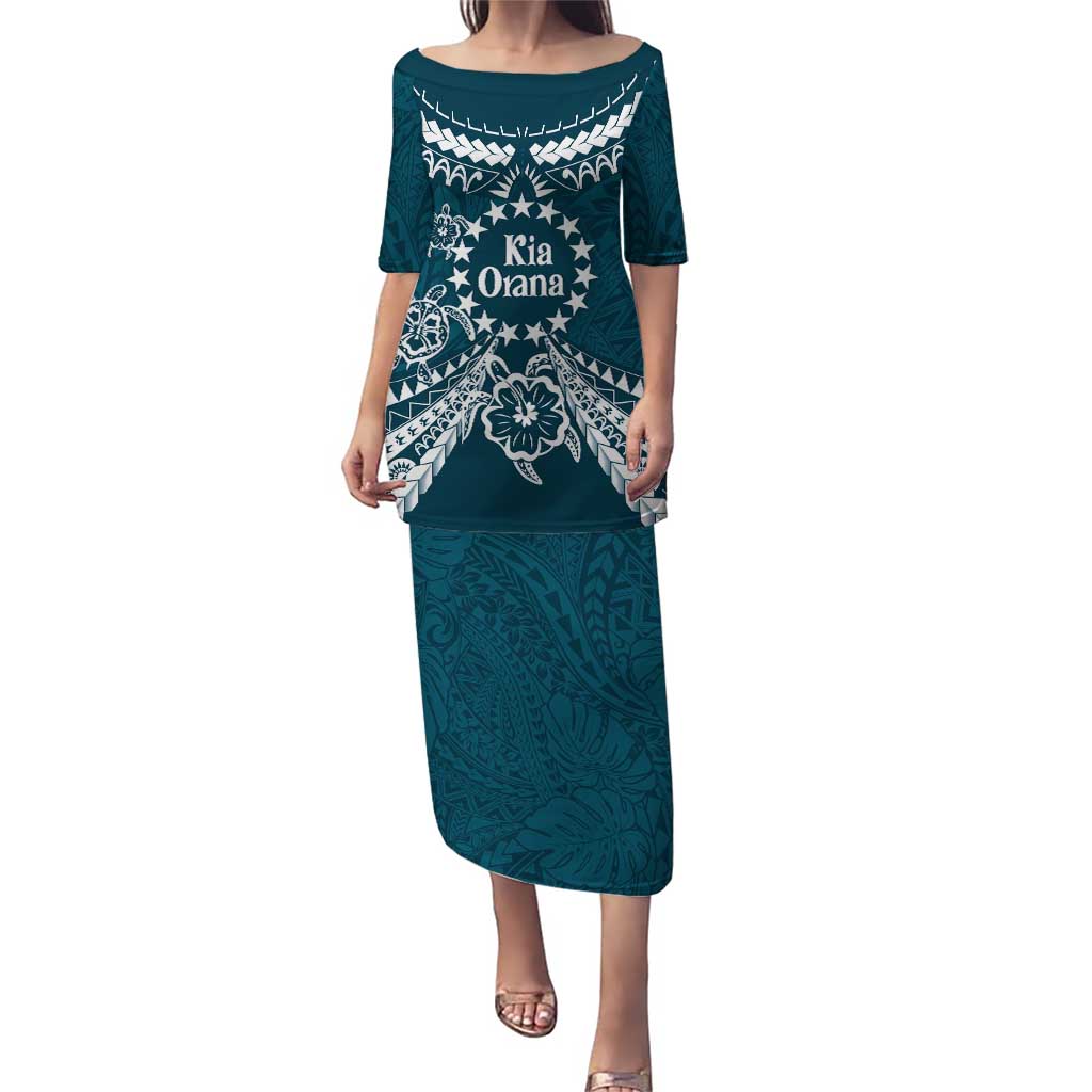 Kia Orana Cook Islands Puletasi Polynesian Turtle Crowberry Blue Color LT14 Long Dress Crowberry Blue - Polynesian Pride