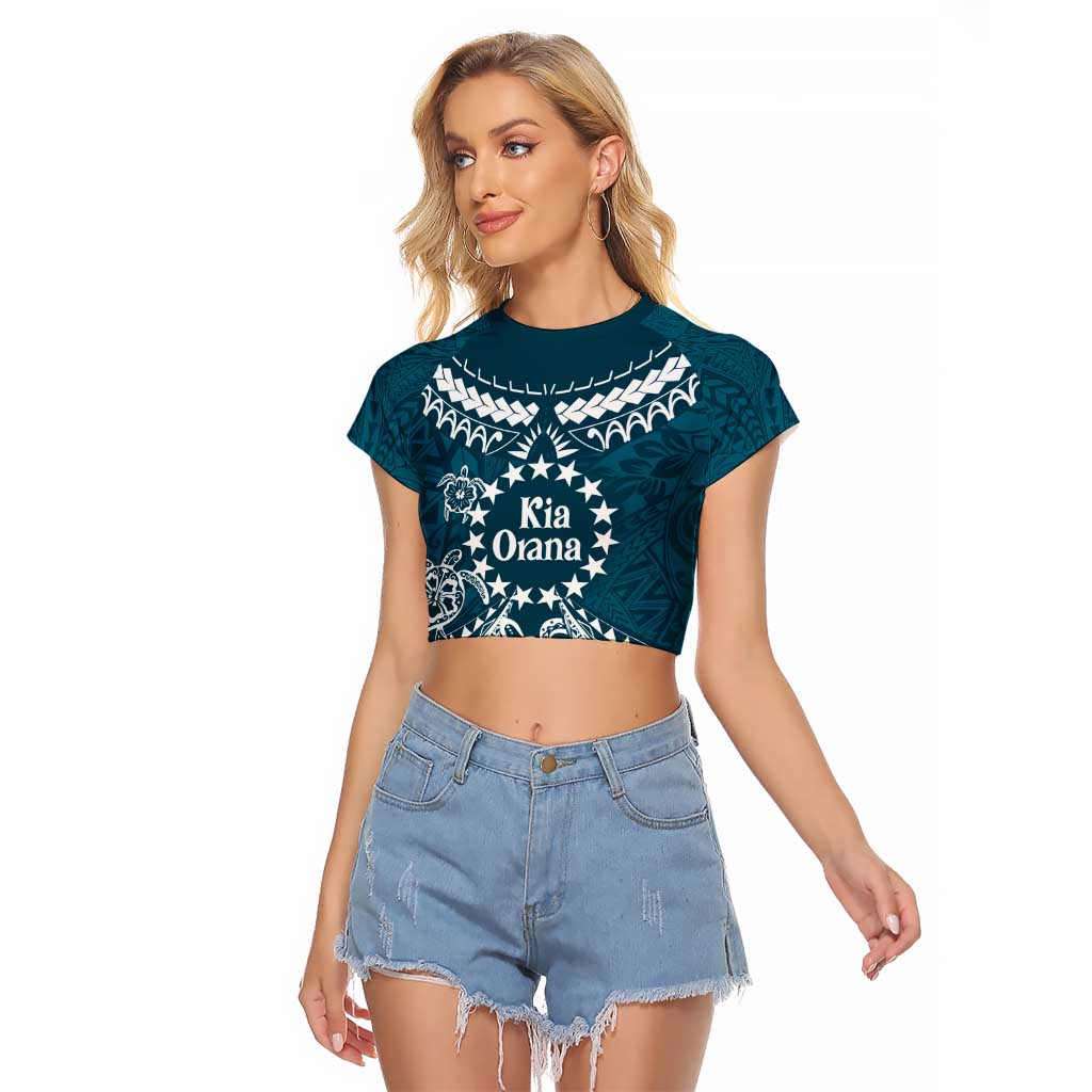Kia Orana Cook Islands Raglan Cropped T Shirt Polynesian Turtle Crowberry Blue Color LT14 Female Crowberry Blue - Polynesian Pride