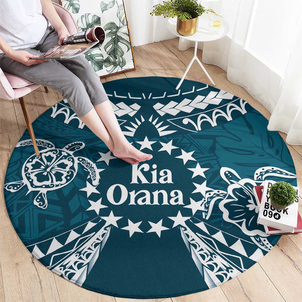 Kia Orana Cook Islands Round Carpet Polynesian Turtle Crowberry Blue Color