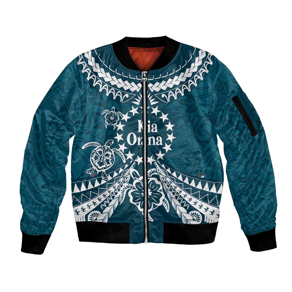 Kia Orana Cook Islands Sleeve Zip Bomber Jacket Polynesian Turtle Crowberry Blue Color