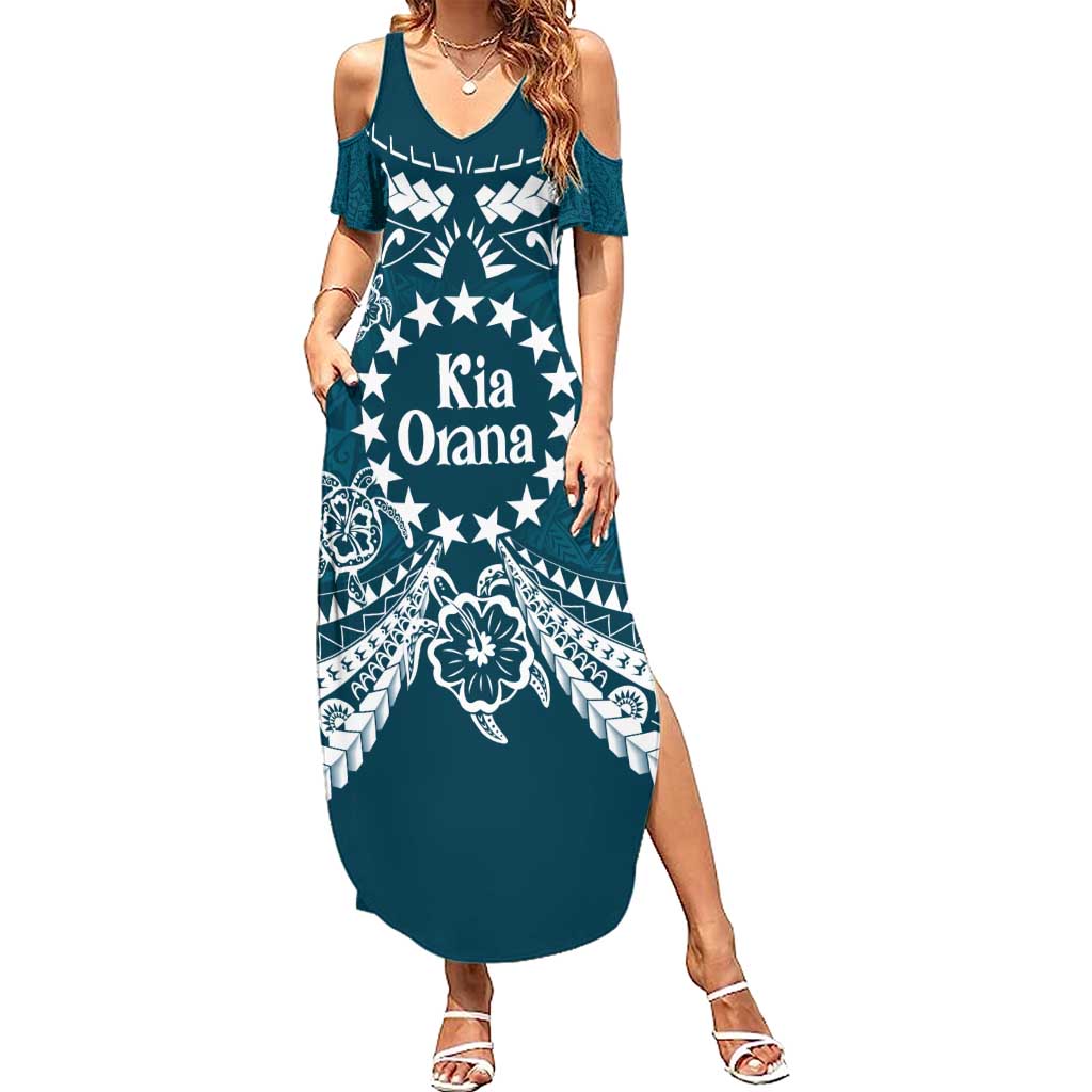 Kia Orana Cook Islands Summer Maxi Dress Polynesian Turtle Crowberry Blue Color LT14 Women Crowberry Blue - Polynesian Pride