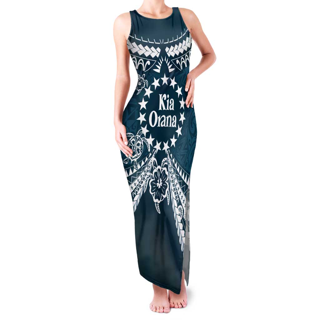 Kia Orana Cook Islands Tank Maxi Dress Polynesian Turtle Crowberry Blue Color