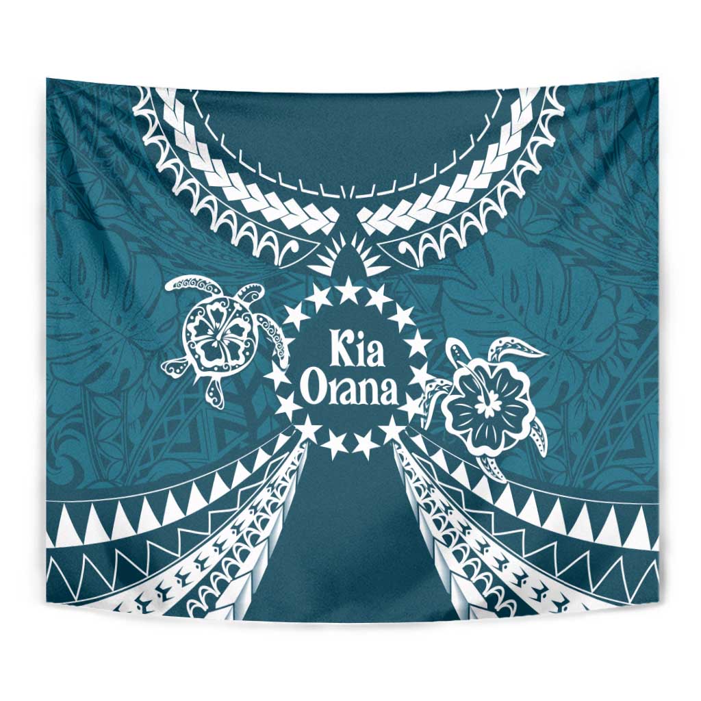 Kia Orana Cook Islands Tapestry Polynesian Turtle Crowberry Blue Color