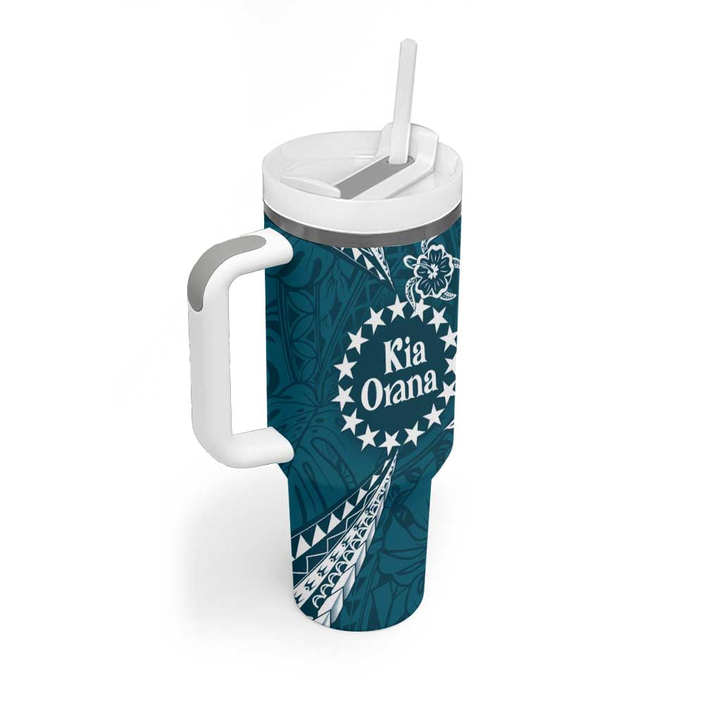 Kia Orana Cook Islands Tumbler With Handle Polynesian Turtle Crowberry Blue Color LT14 - Polynesian Pride